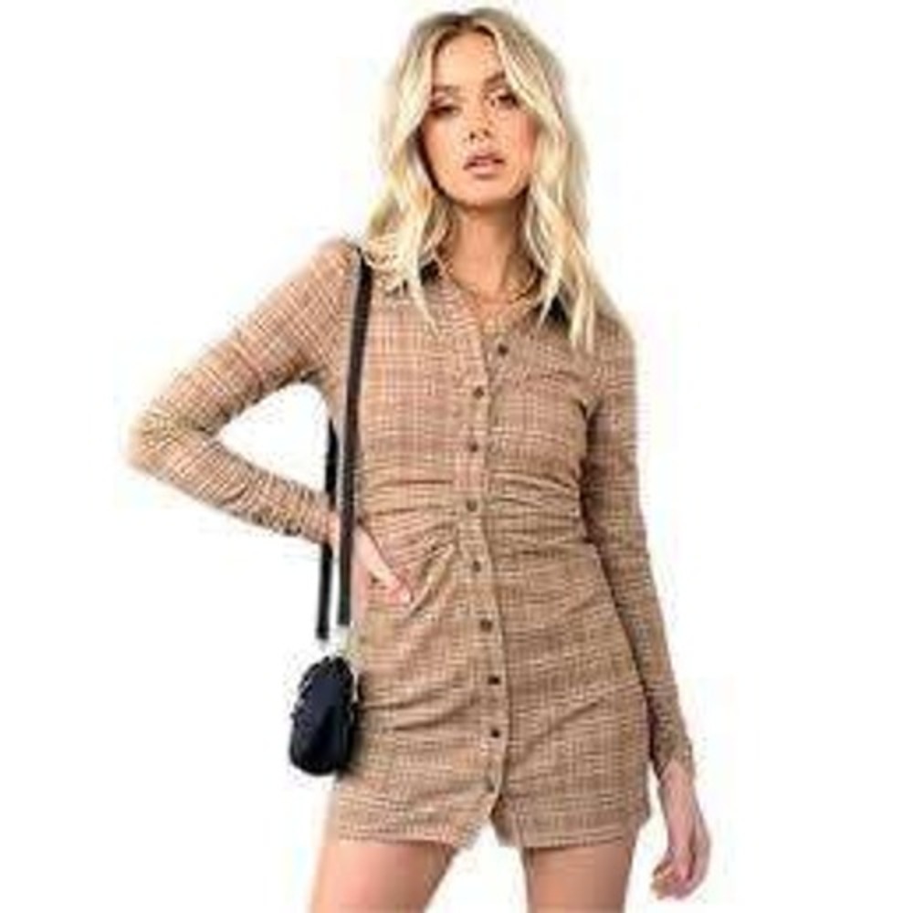 Zara Plaid Mini Dress Womens Small Brown Orange Ruched Button Front Preppy Chic